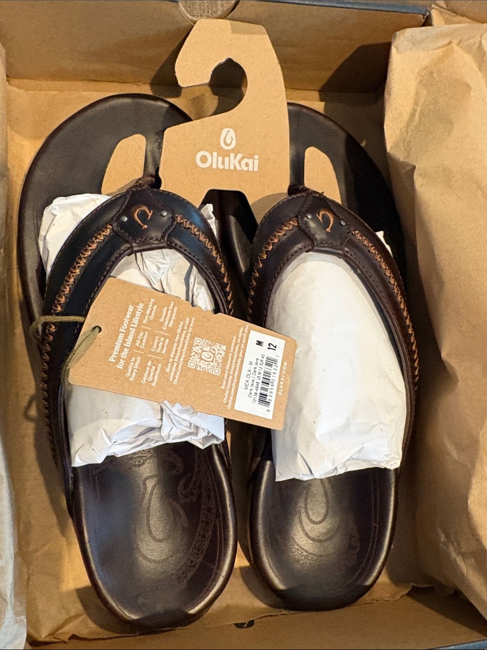 OluKai Men's Dark Brown Leather Flip-Flops with Contrast Stitching size 12 - Picture 3 of 8
